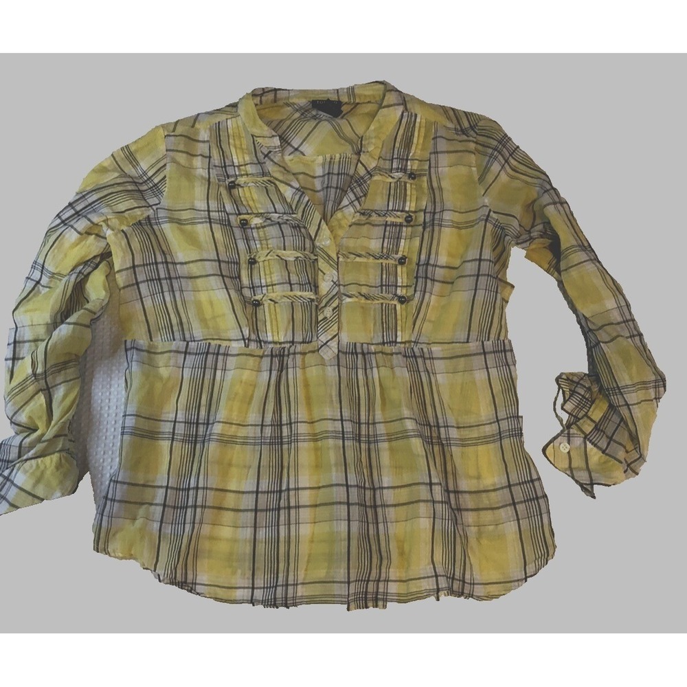 Torrid 0 (Large) Size 12 Yellow Plaid Cotton Blouse Smocked Back